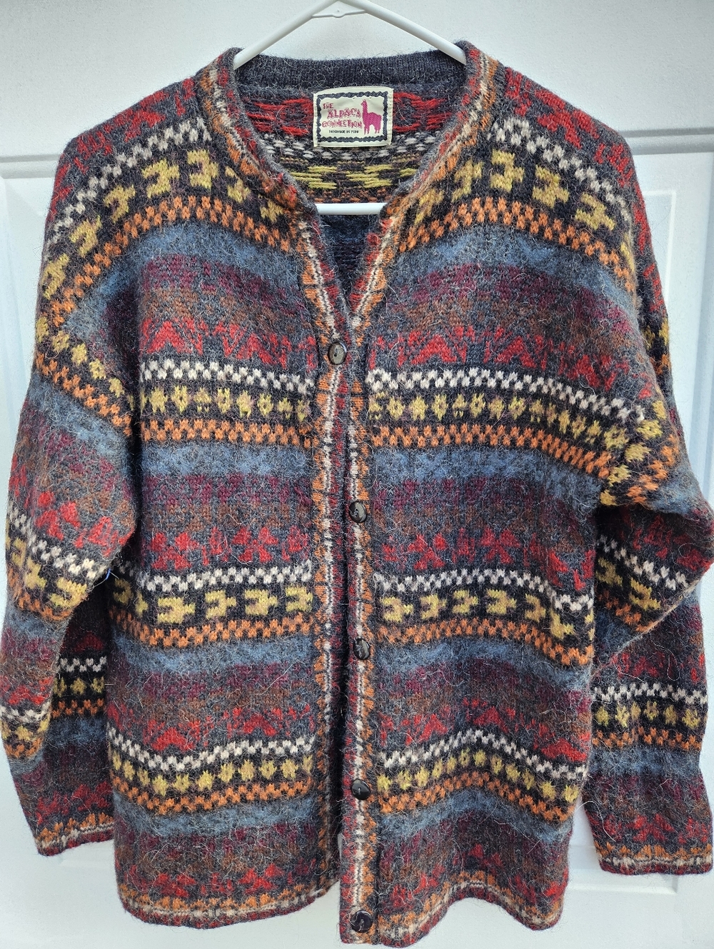 Vintage Alpaca Connection Wool Fair Isle Button Cardigan Womens L Boho